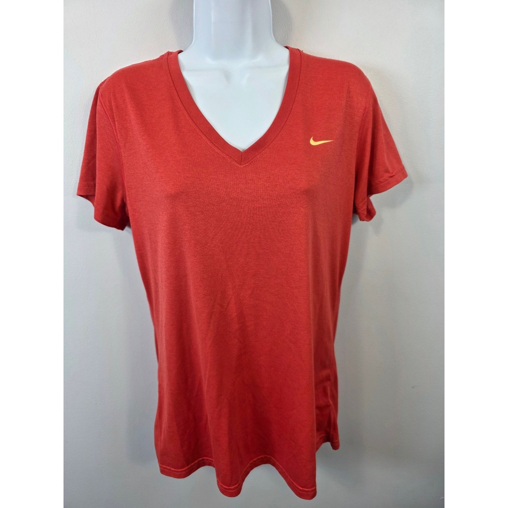 Nike Dri-FIT Womens Large V-Neck Shirt Coral Swoosh Regular Fit Performance
